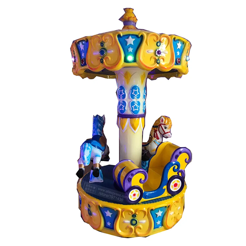 

Yellow Carousel Horse Three Seats Kids Coin Operated Kiddie Ride Merry Go Round Theme Park Arcade Game Machine For Home Backyard