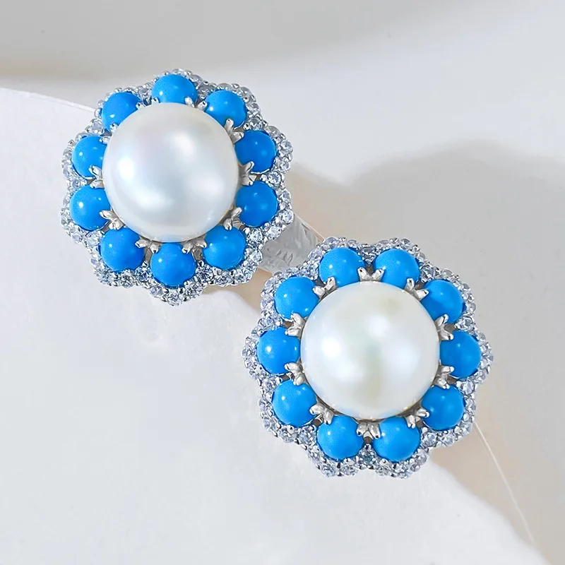 2023 New Blue Turquoise Inlaid 12mm Pearl Earstuds Full Body 925 Silver Fashion Elegant