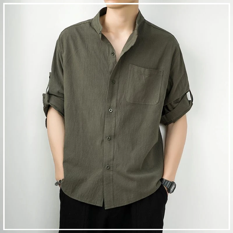 

2024 Spring Summer Chinese Style Loose Plus Size Flax Simplicity Stand-up Collar Pure Cotton Thin Style Men's Clothing Shirts