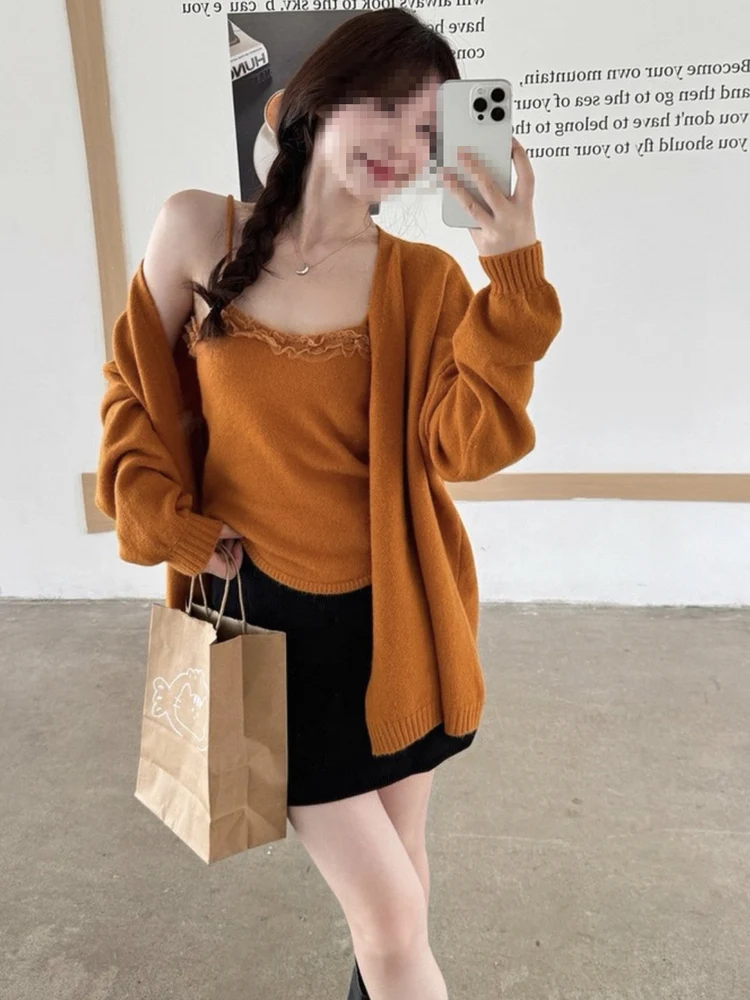 Korean Sle Simple Soft Knitted Cardigan And Tank Top Set Warmth Daily Wear Women's Loose Fit Long Sve V-Ne Two-Piece Suit