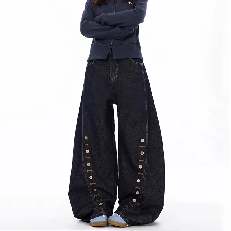 WTHT แฟชั่นผู้ชายสีทึบปุ่มหลวม DENIM กางเกงสไตล์อเมริกันวินเทจ Wude ขากางเกงยีนส์ชาย 2025 ฤดูร้อน 2A1130