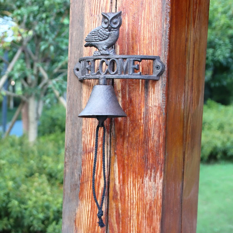 Retro Nostalgic Cast Iron Owl Hand Crank Doorbell, Courtyard Garden Decoration, Iron Art Welcome Entrance Bell