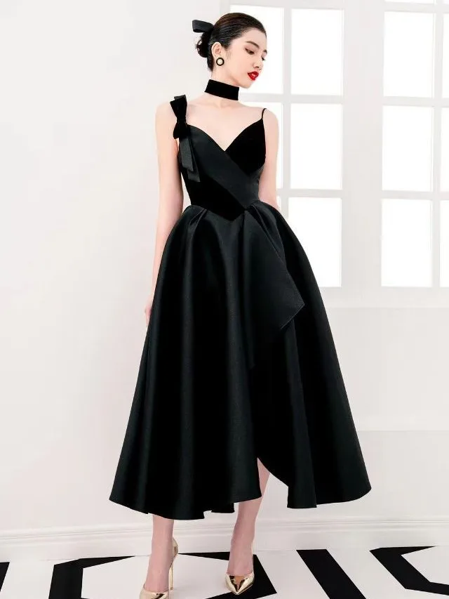 

Black Evening Party Camisole Dress Women Spring Banquet V Neck Bow Irregular Sexy Sleeveless Backless Elegant Long Dress G406