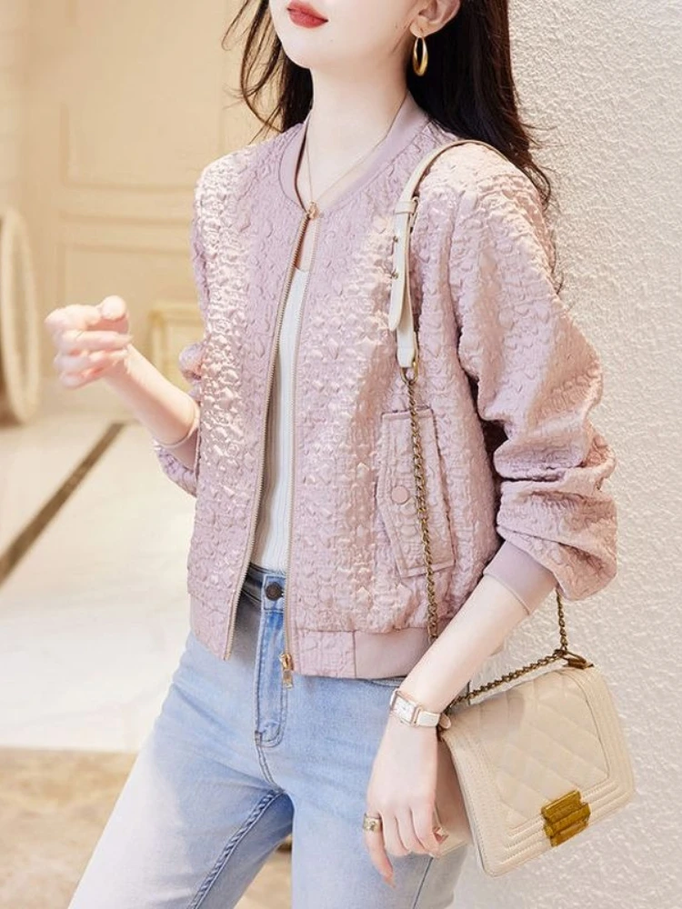 

Women's Short Sleeve Casual Baseball Jacket 2025 Spring Autumn Fashion Textured Cardigan Outerwear Slim Fit Trendy Jacket