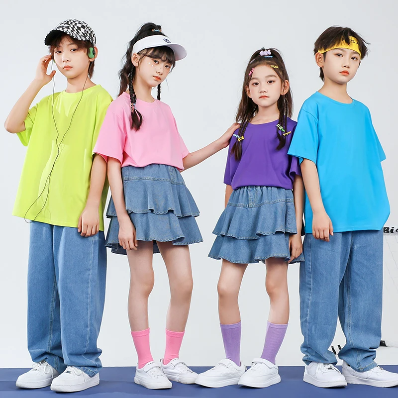 Boys Hip Hop Outfit Denim Overalls Girls Candy Colors Tshirt Kids Joggers Children Street Dance Teen Cheerleading Clothes