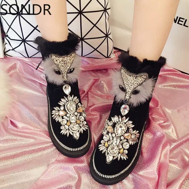 Womens Ankle Boots Rhinestones Crystal Fur Fox Decor Diamond Bling Genuine Leather Flat Warm Snow Thick Winter Black Shoes C881