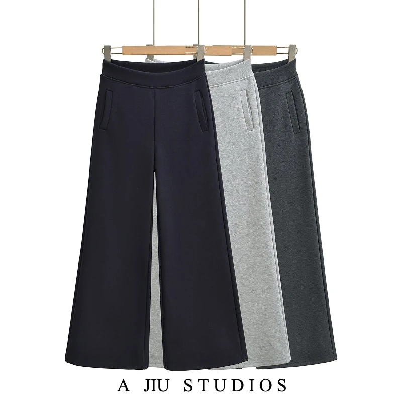 High Waist Fleece Lined Wide Leg Pants Women's Casual Sporty Draped Versatile Loose Fit Straight Cut Autumn Winter Trousers