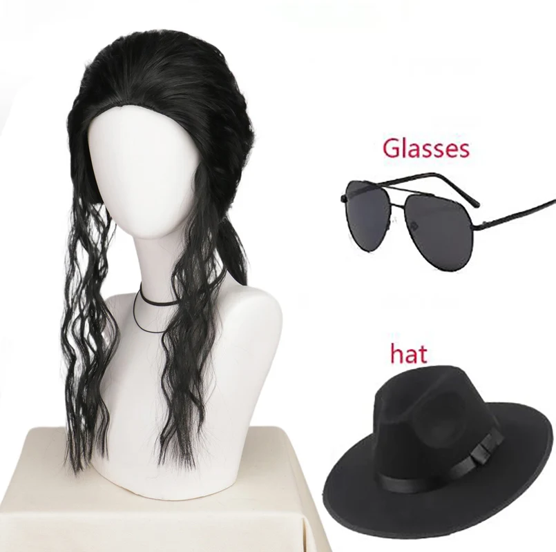 Perruque ou lunettes de cosplay Michael Jackson, perruque synthétique longue noire bouclée MJ, accessoires de coiffure pour Halloween, accessoires de cosplay