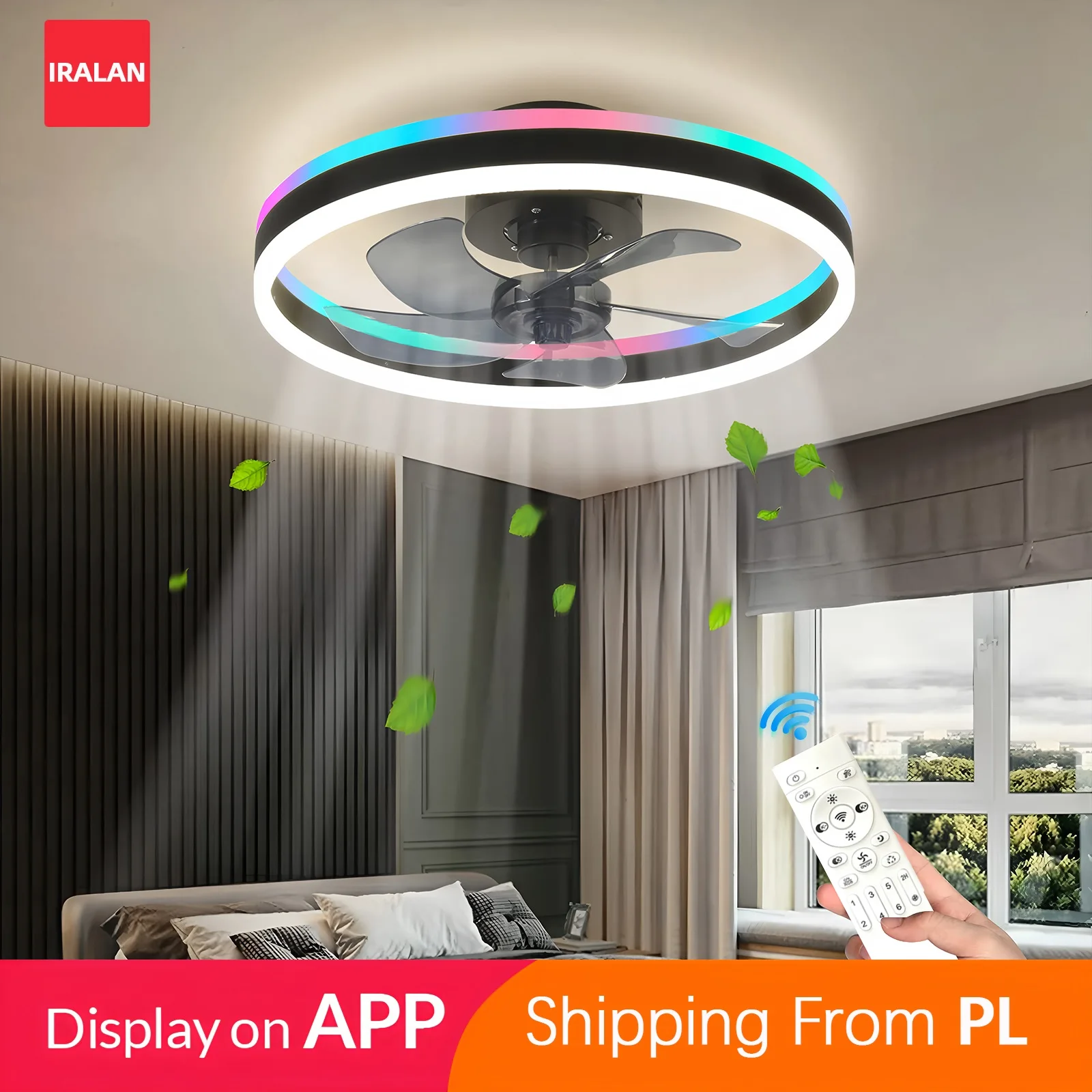 Ventilatore da Soffitto RGB Intelligente con Luce e Controllo Remoto via App, Ventilatore Elettrico Moderno a 6 Velocità per Camera da Letto e Hotel,