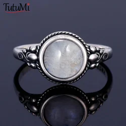 Vintage 925 Sterling Silver Natural Round Moonstone Ring 8MM Simple Ring Retro Silver Classic Finger Ring Gifts For Women Men