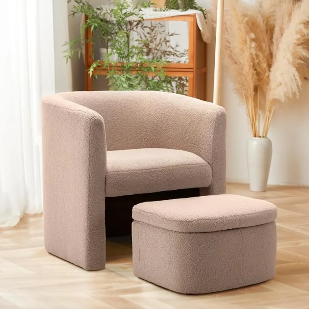 Upholstered Velvet Barrel Accent Chair with Storage Ottoman,Morden Living Room Side Chair, Single Sofa Armchair with Lounge Seat