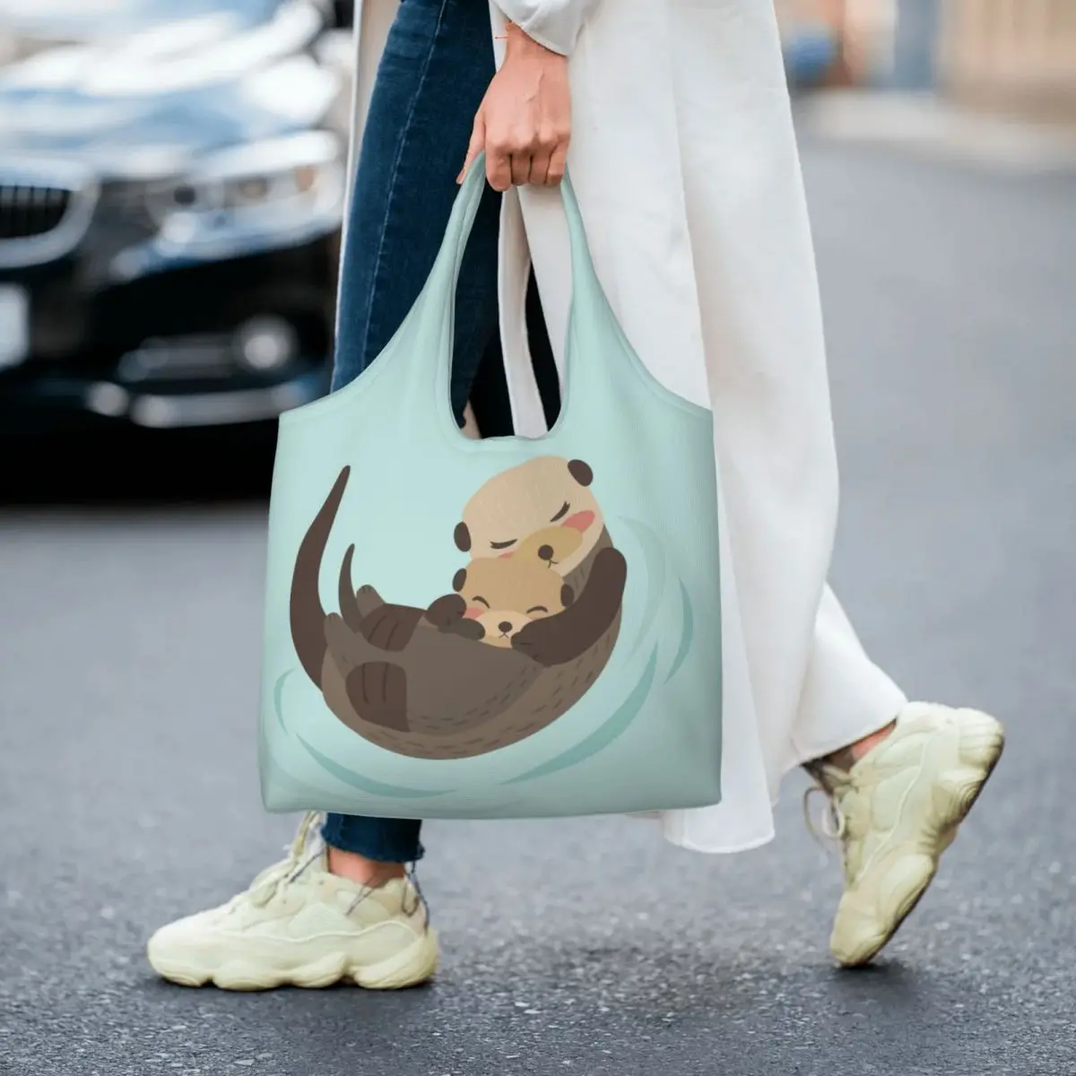 Cute Kawaii Sea Otter Mom And Baby Shopping Tote Bag Recycling Canvas Grocery Shoulder Shopper Bags Photography Handbag