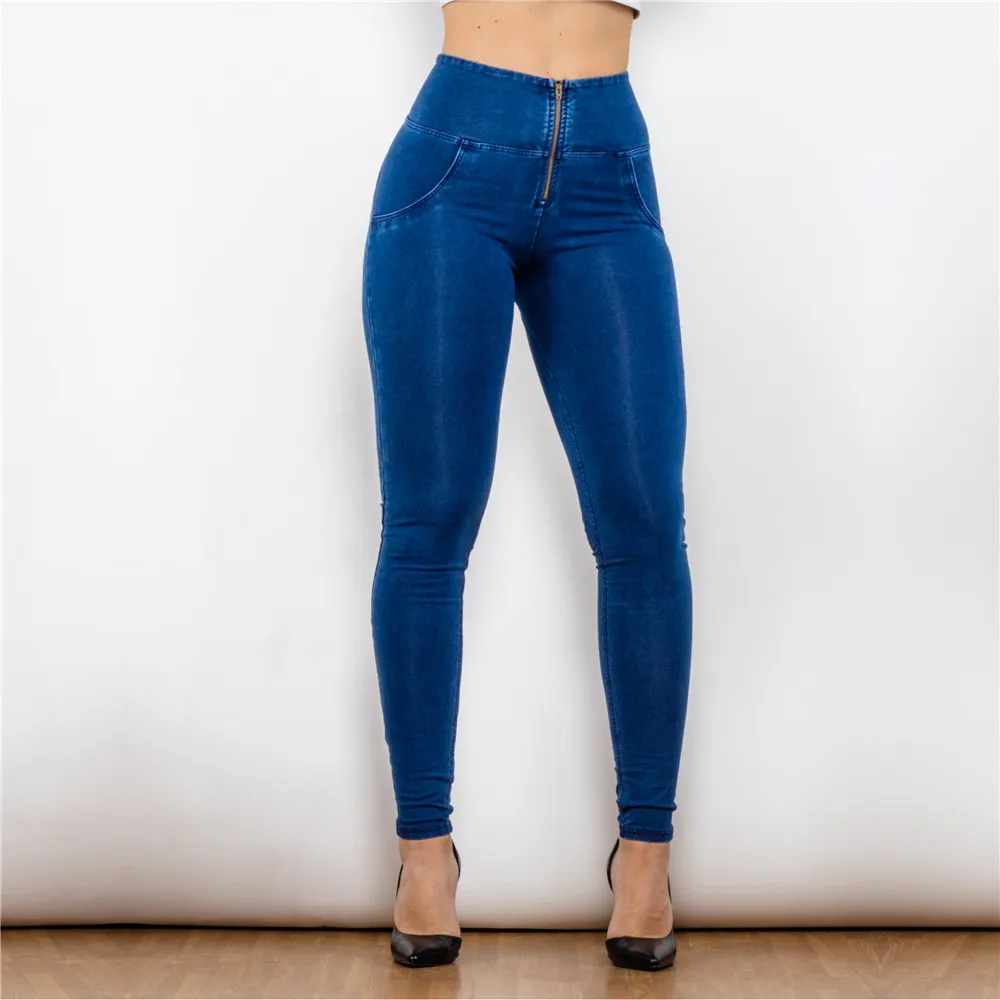 Shascullfites Melody High Waist Zipper Fly Jeans Jeggings Butt Lift Jeans High Waist Stretch Jeans Blue Denim Jeans