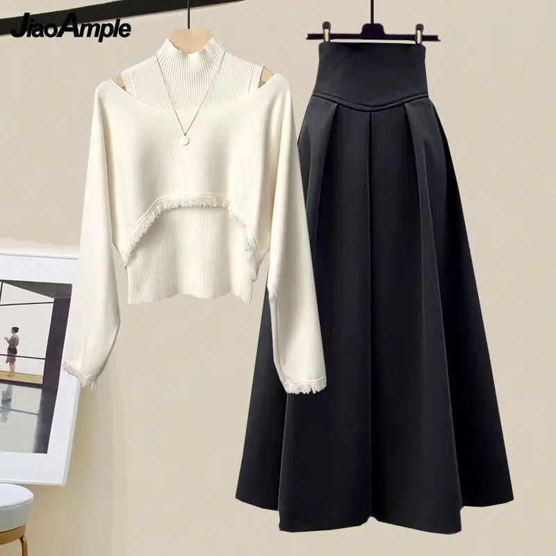 2024 Spring Autumn New Korean Elegant Knit Tassel Cover Up+Half High Collar Bottom Sweater+Midi Skirt 3 Piece Women Dress Suit