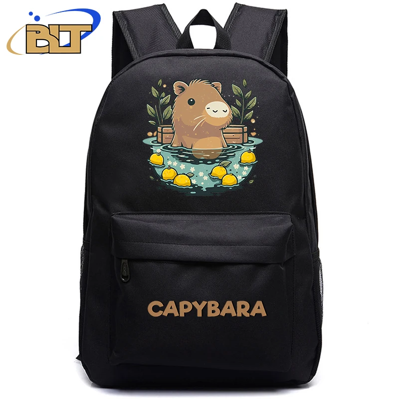 Bonito Animal Capivara Imprimir Mochila Preta, Adolescente Estudante Schoolbag, Meninos e Meninas Presente