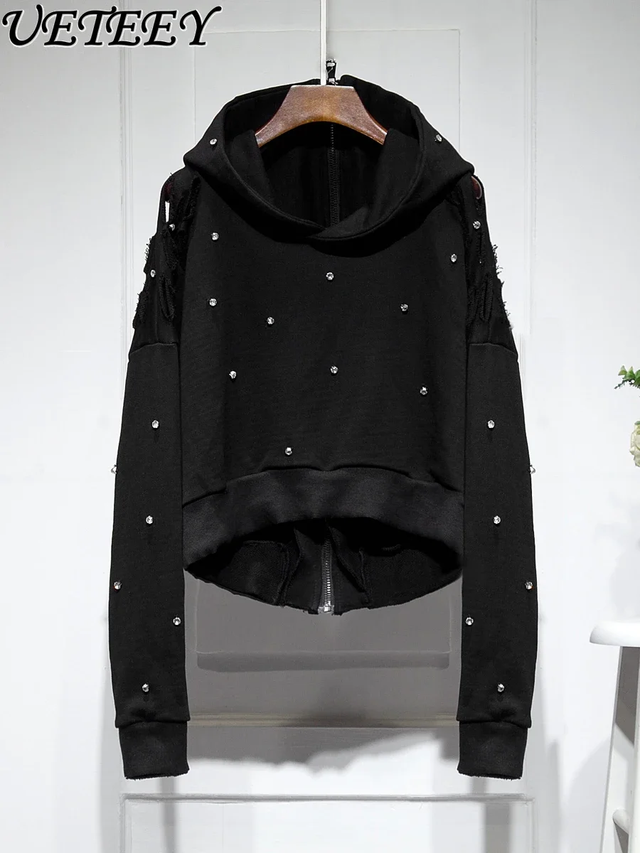 

Raw Hem Ripped Design Sense Seam Diamond Hooded Short Jacket Women's Autumn New Two-Side Wearable Loose Zip Fashion Sweatshirt