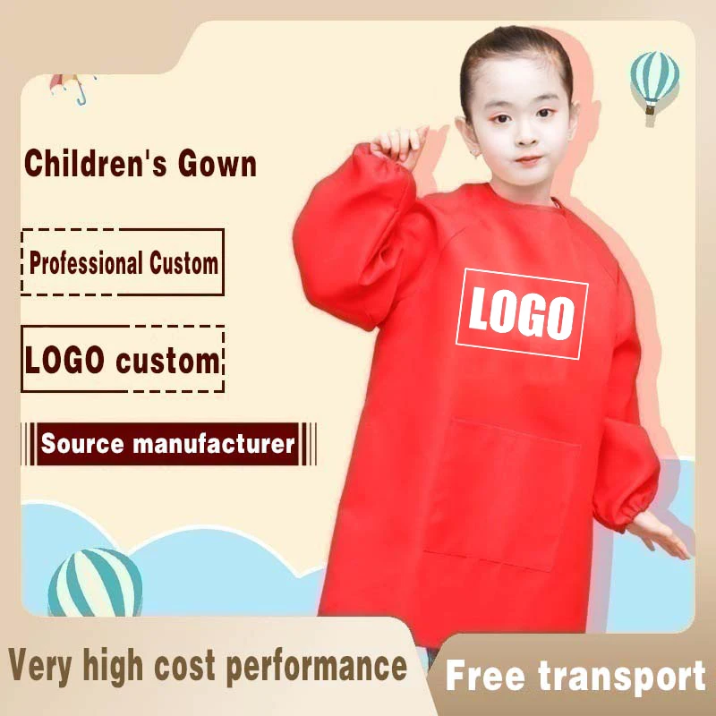 Children's long-sleeved anti-fouling pocket apron, kindergarten restaurant painting art kitchen baking apron, customizable logo