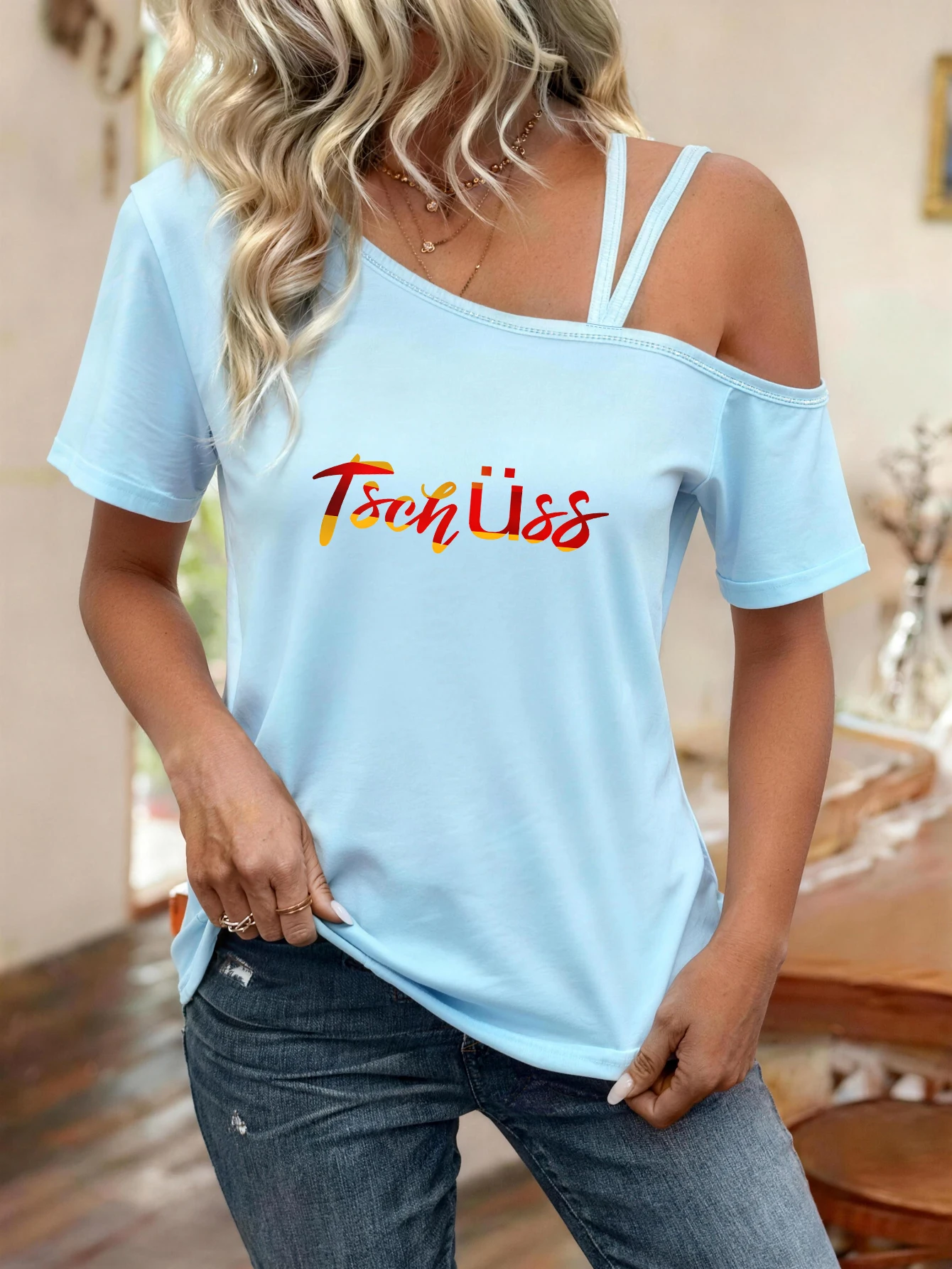 Printed Y2K Style Spring and Summer Hot-Selling Women's Fashionable Casual One-Shoulder Strap Short-Sleeve Top