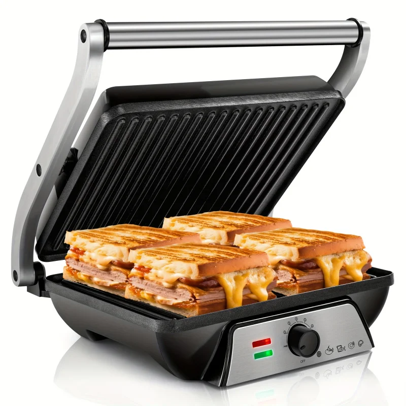 3-in-1 electric indoor grill with adjustable temperature control and grease tray, perfect for sandwiches, steaks, grilling,