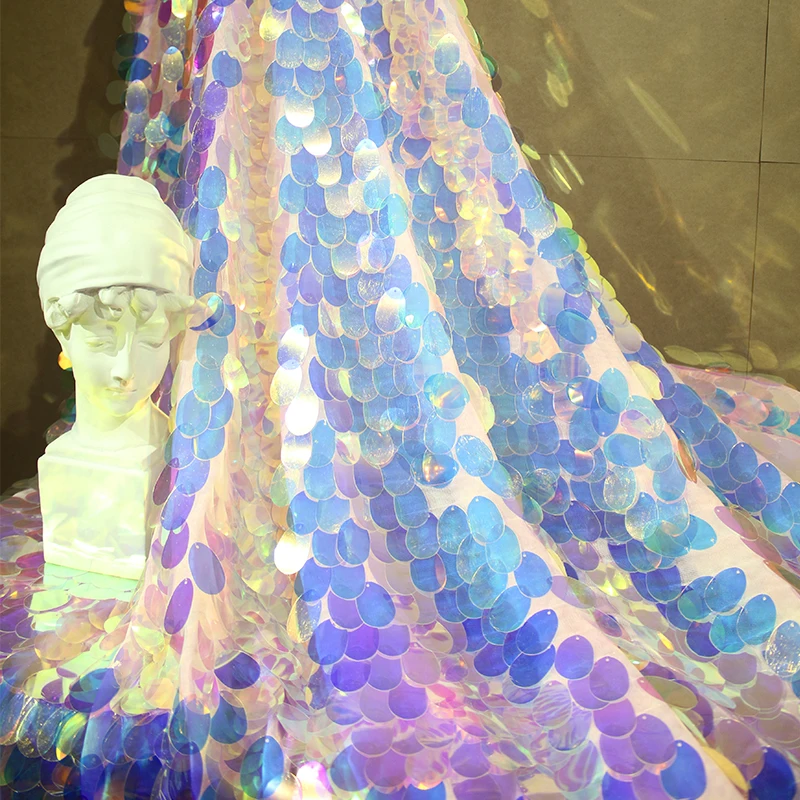 Creative Mermaid Scale Large Sequins Exaggerate Designer Fabric Laser Fantasy Mesh Dress Fabric