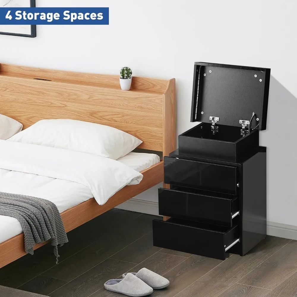 مجموعة منضدة سوداء مكونة من قطعتين مع أضواء LED، وحامل ليلي ذكي مع مساحة تخزين قابلة للطي، وطاولة بجانب السرير مع 3 أدراج شديدة اللمعان، وضعية #6