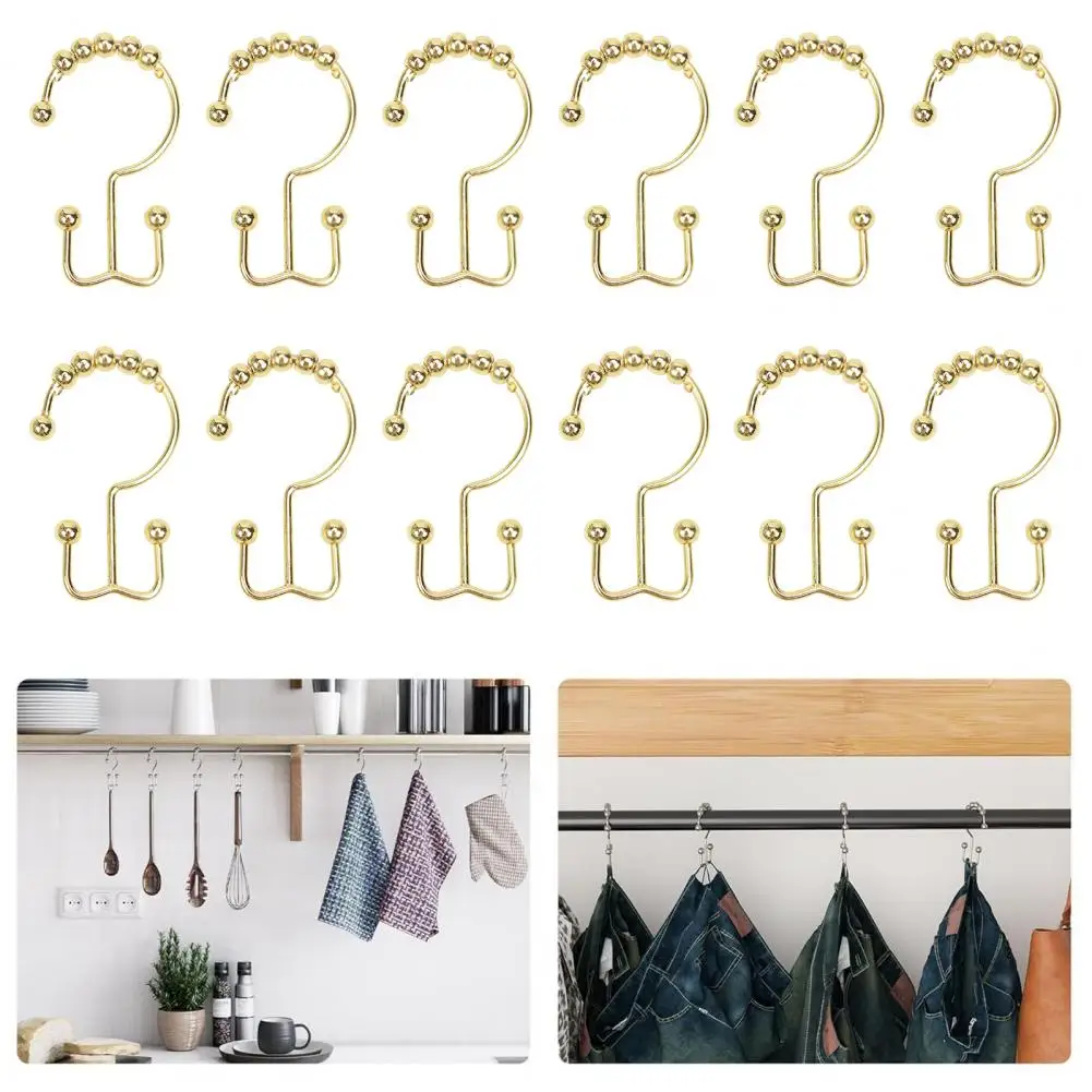 12pc Metal Shower Curtain Rings Metal Shower Curtain Hooks Set For Bathroom Rust Proof Double Rings With Beads Gold Shower Liner - view 3