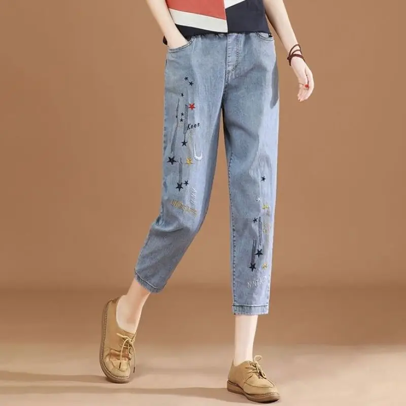 Women Summer Vintage Casual Embroidered Solid Color Loose High Waist Jeans Women Clothes Simplicity Trend Pocket Cropped Pants