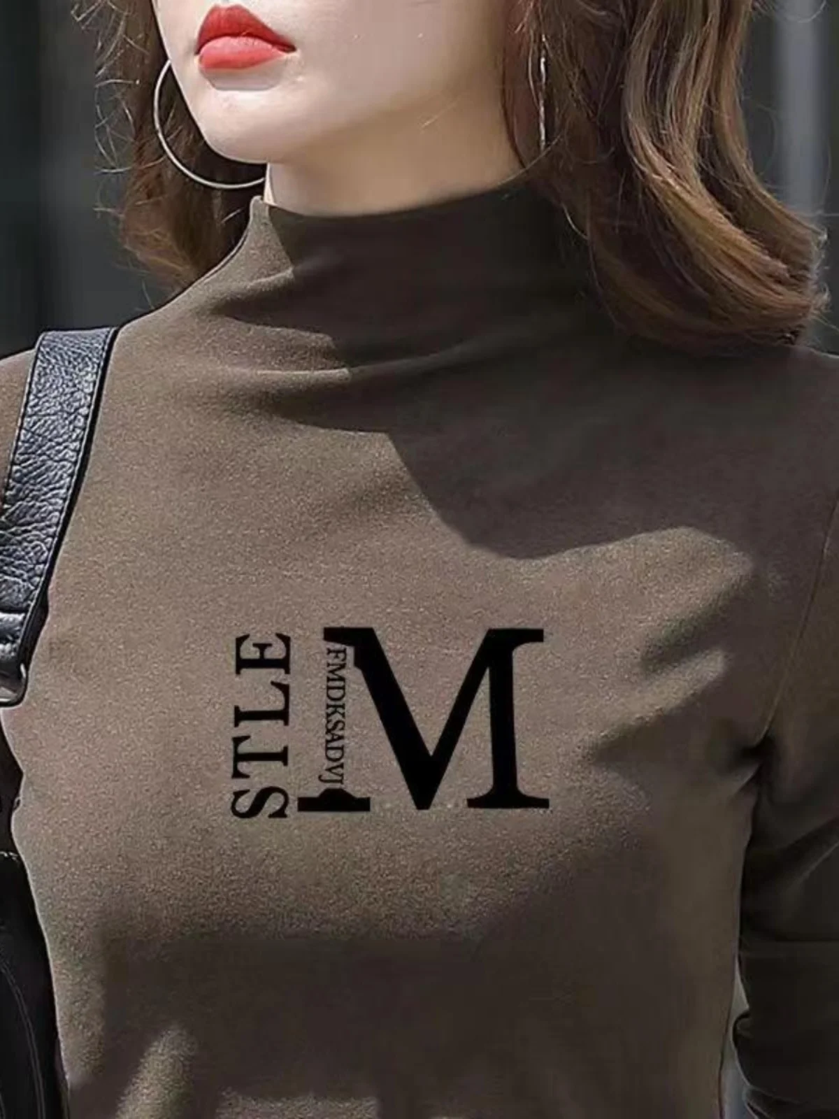 Women's Thermal Print Half-High Collar Base Shirt Double-Faced Velvet Long Sleeve T-Shirt Korean Style Slim Fit Daily Wear