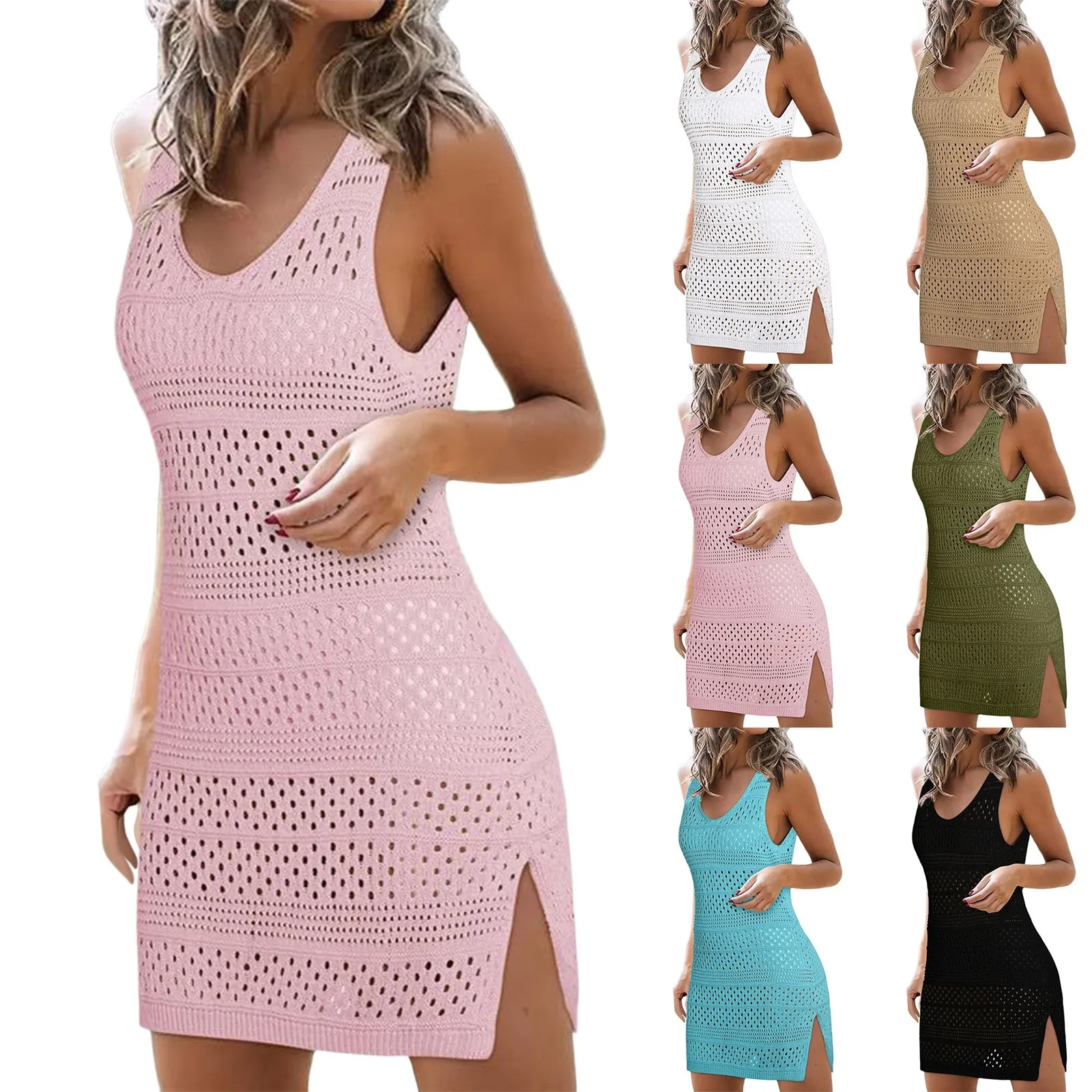 Women Solid Swimwear Cover Ups Summer Crochet Knit Hollow Out Bathing Suit Beach Dresses 2025 Swimsuit Suit Beach Dresses