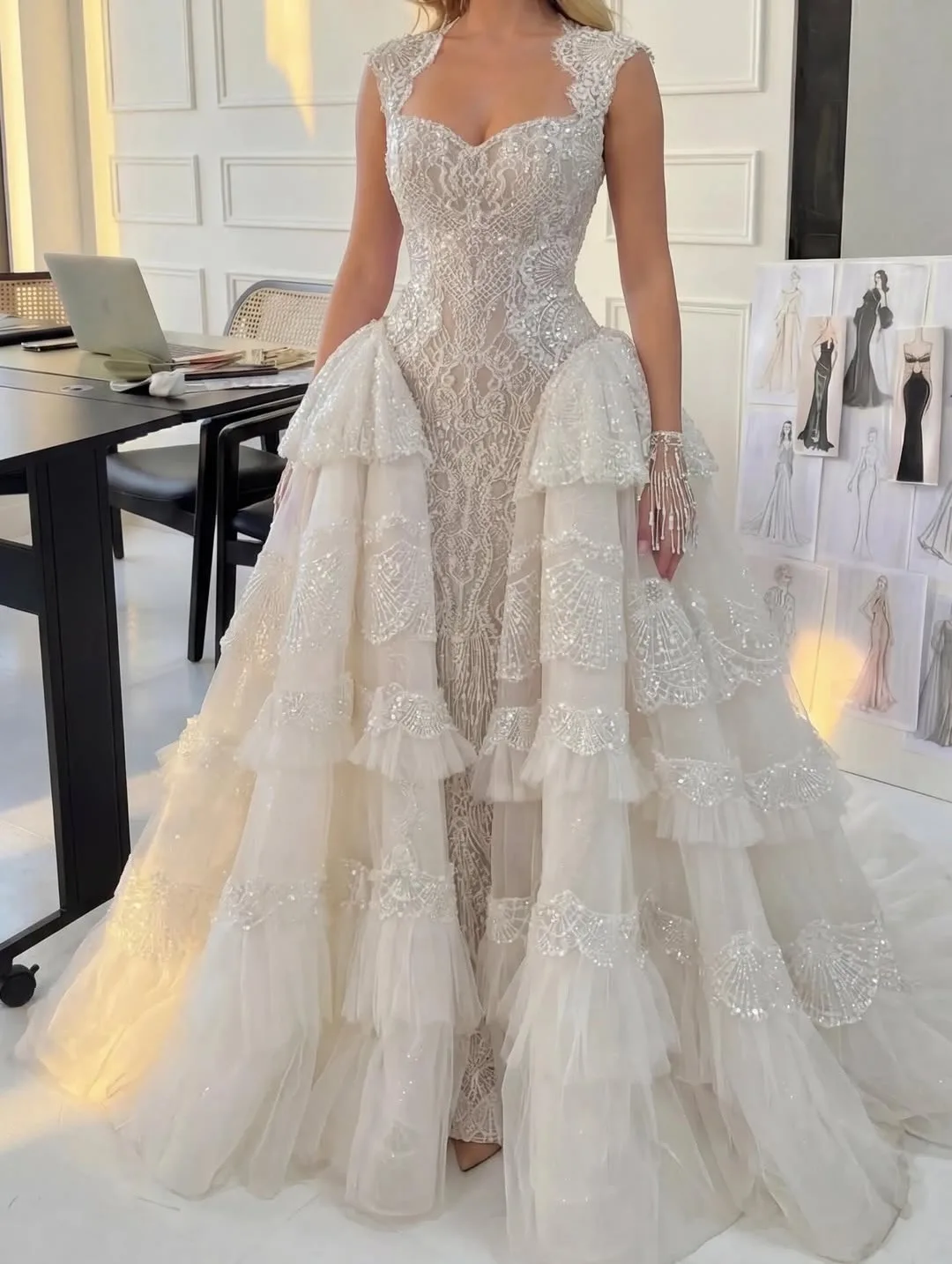 Gorgeous Mermaid Wedding Dresses Sweetheart Shining Stripe Sequins Detachable Train Customized Plus Size Vestidos De Novia
