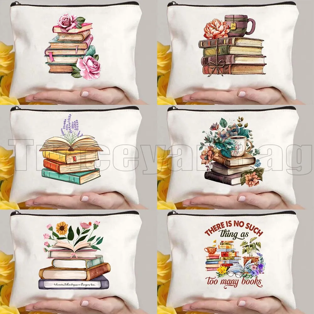 

Cute Floral Bouquet Books Stacks Cosmetic Makeup Bag Coffee Flowers Growing From Book Gifts Folk Art Booklover Pencil Case Pouch