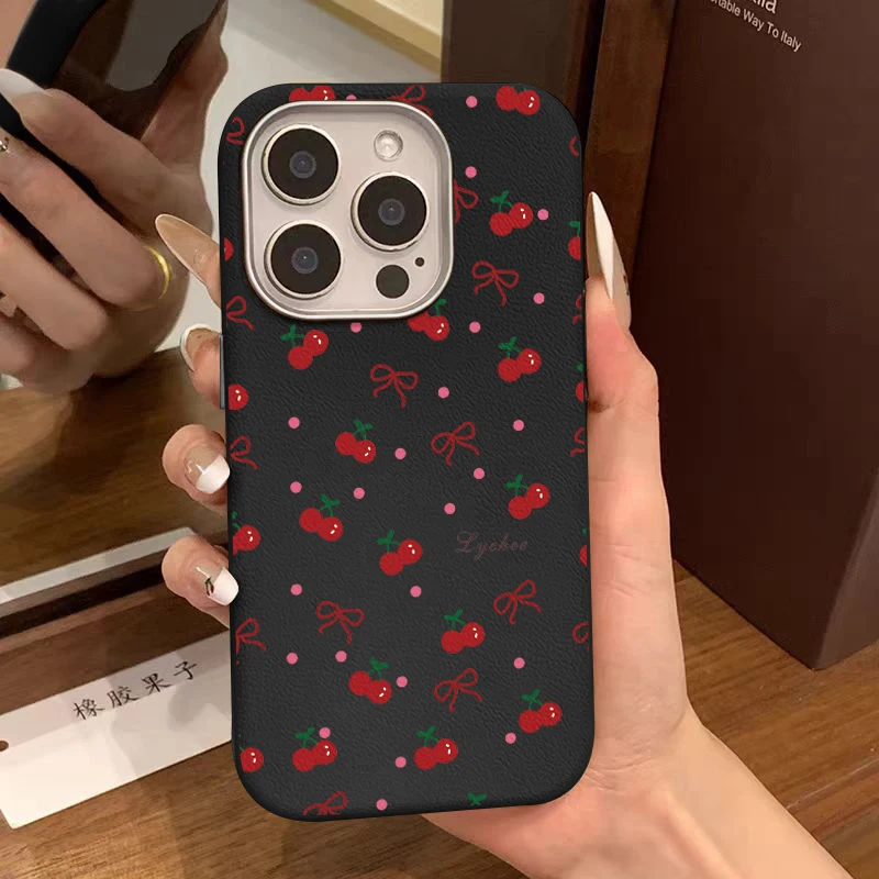 Trendy Red Cherry Bowknot Dots Case Compatible for IPhone 16 13 15 11 12 14 Pro Max XR 15 16 Plus X XS Max Leather Texture Case