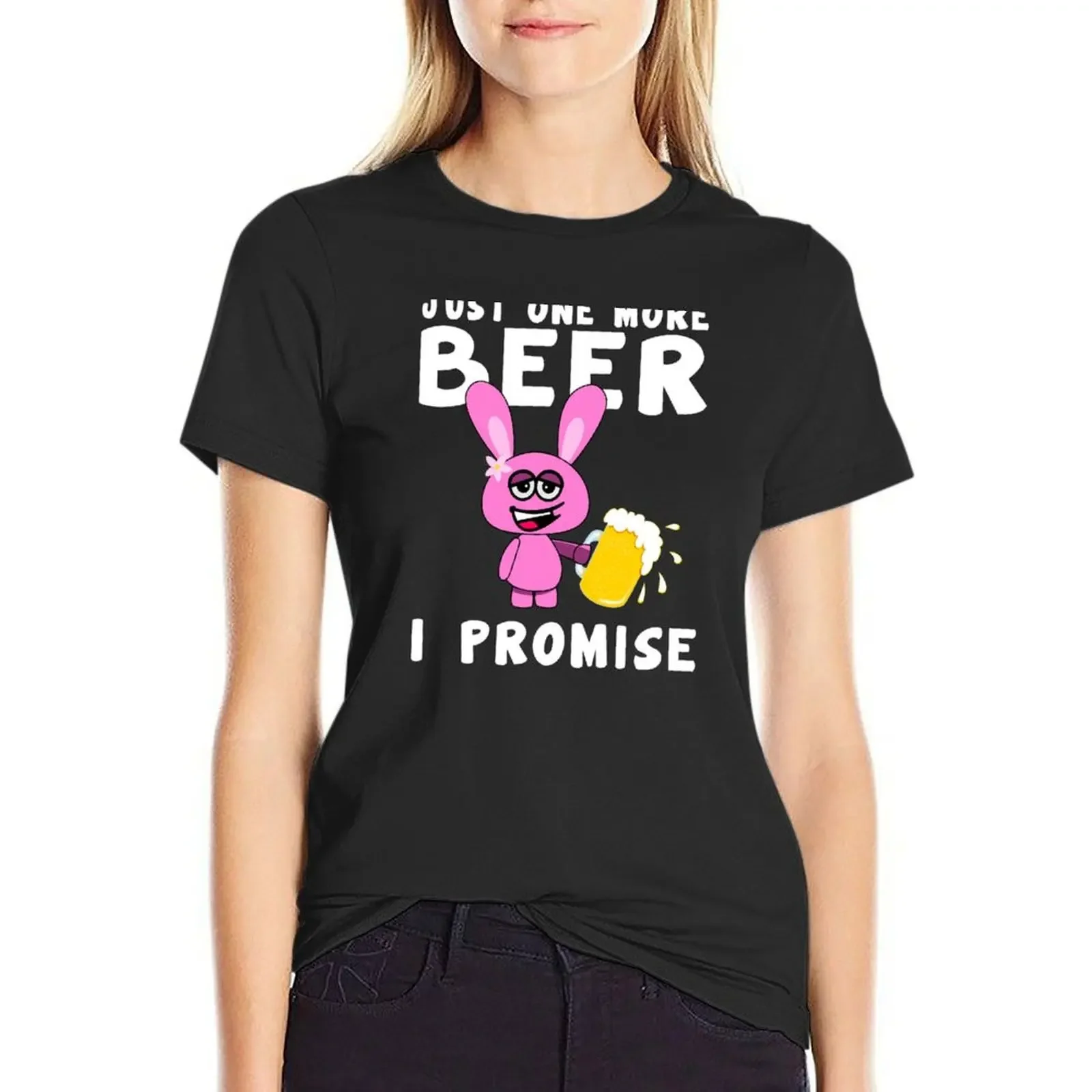 Just One More Beer I Promise Pink Drunken Rabbit With A Beer T-shirt Female clothing tops Blouse Women t-shirts