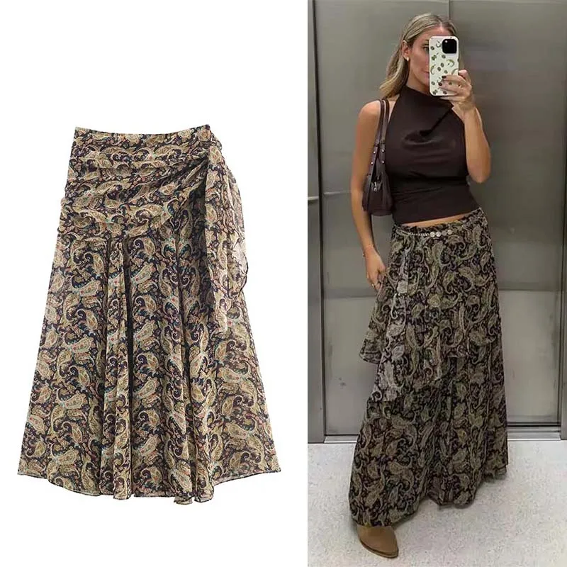 エレガントなプリント柄のレースアッププリーツロングスカート、女性用ルーズハイウエストAラインミディスカート、2025年秋レディースパーティーイブニングウェア