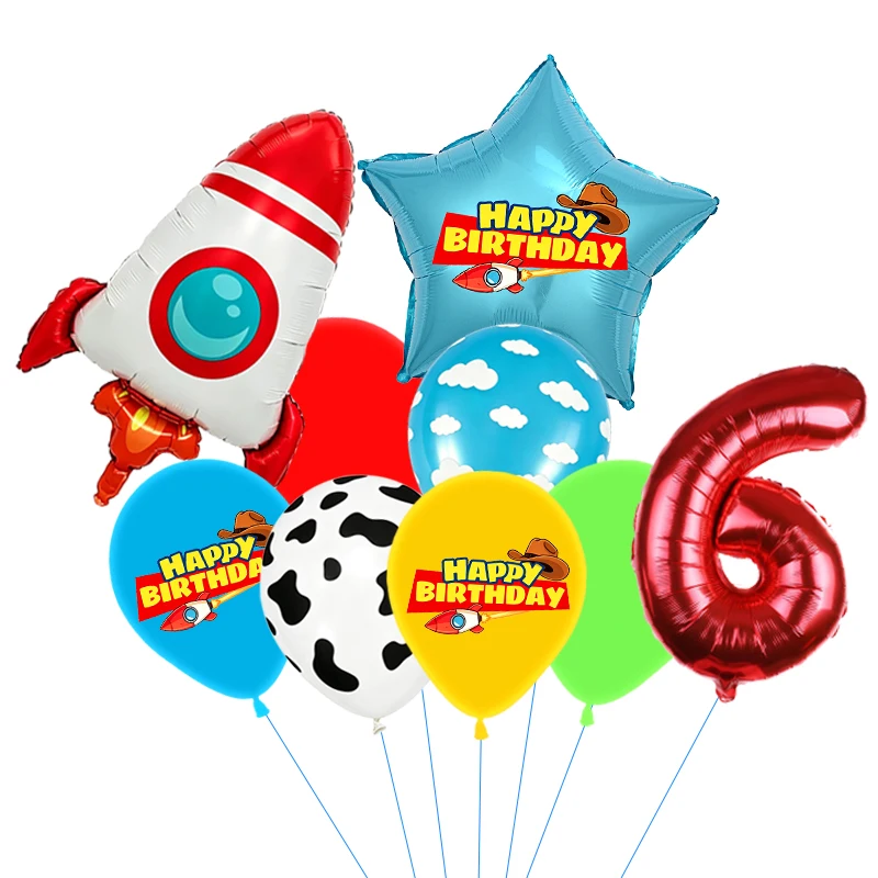 Rote, gelbe und grüne Spielzeugballons, hellblaue Ballons mit Wolken- und Kuhmuster für die Dekorationen zu Babystory- und Cowboy-Partys – Detail 16