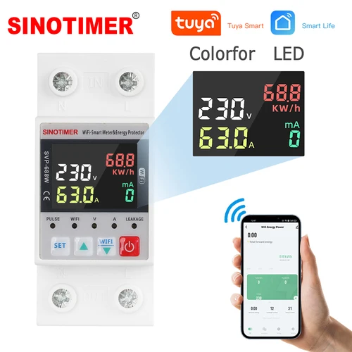 Disyuntor inteligente Tuya WiFi de 220V y 230V, relé Protector contra fugas sobre bajo voltaje, 2P, 63A, interruptor de medidor de energía kWh, temporizador
