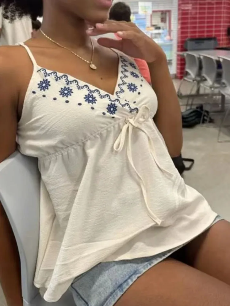 

2000s Spring Summer Elegant Fresh Temperament Creative Flower Pattern Printing V-neck Casual Camisole Vintage Elegant Women Tops