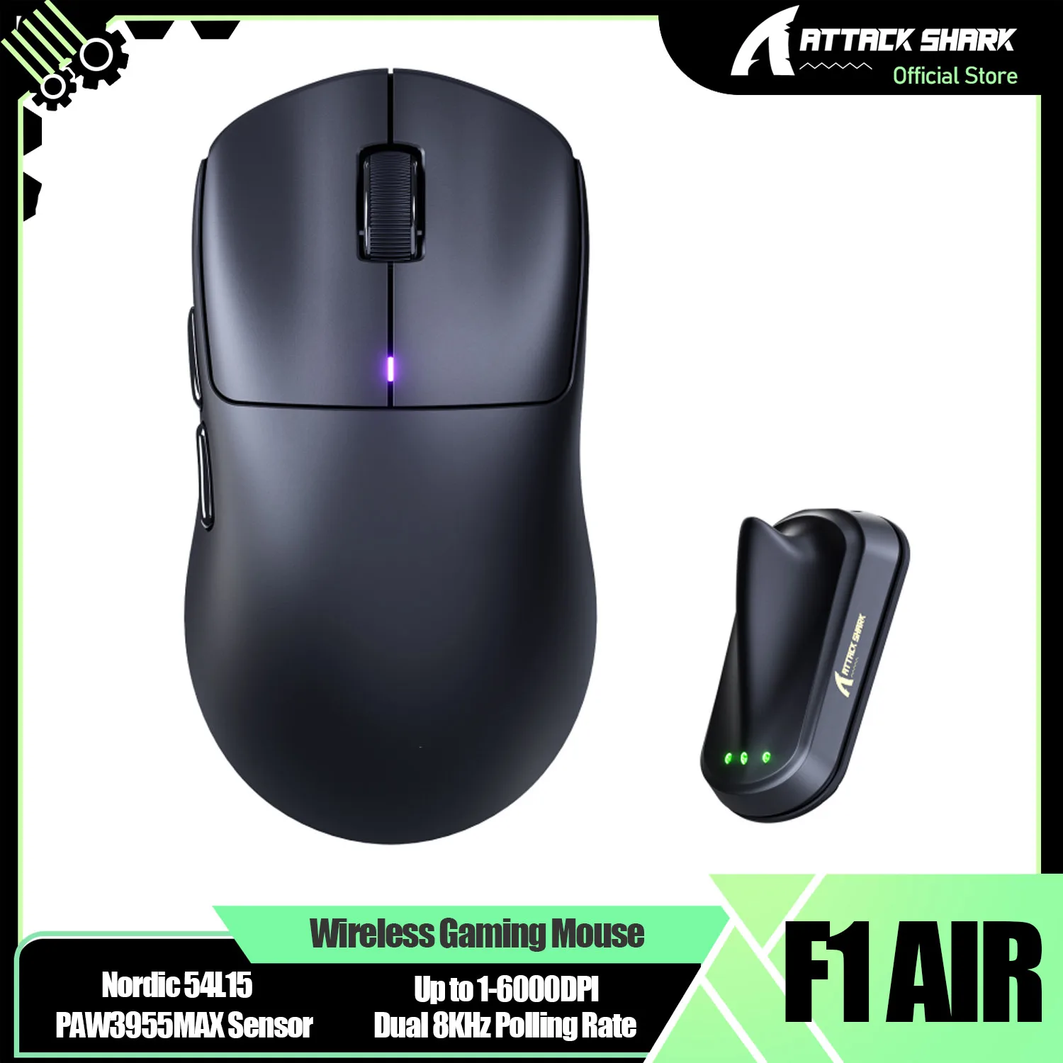 ATTACK SHARK F1 AIR 39g Wireless Gaming Mouse 8K, PAW3955MAX, Nordic 54L15 Chip, 60K DPI, Ultra Light 39g, Dual 8000 Hz Polling