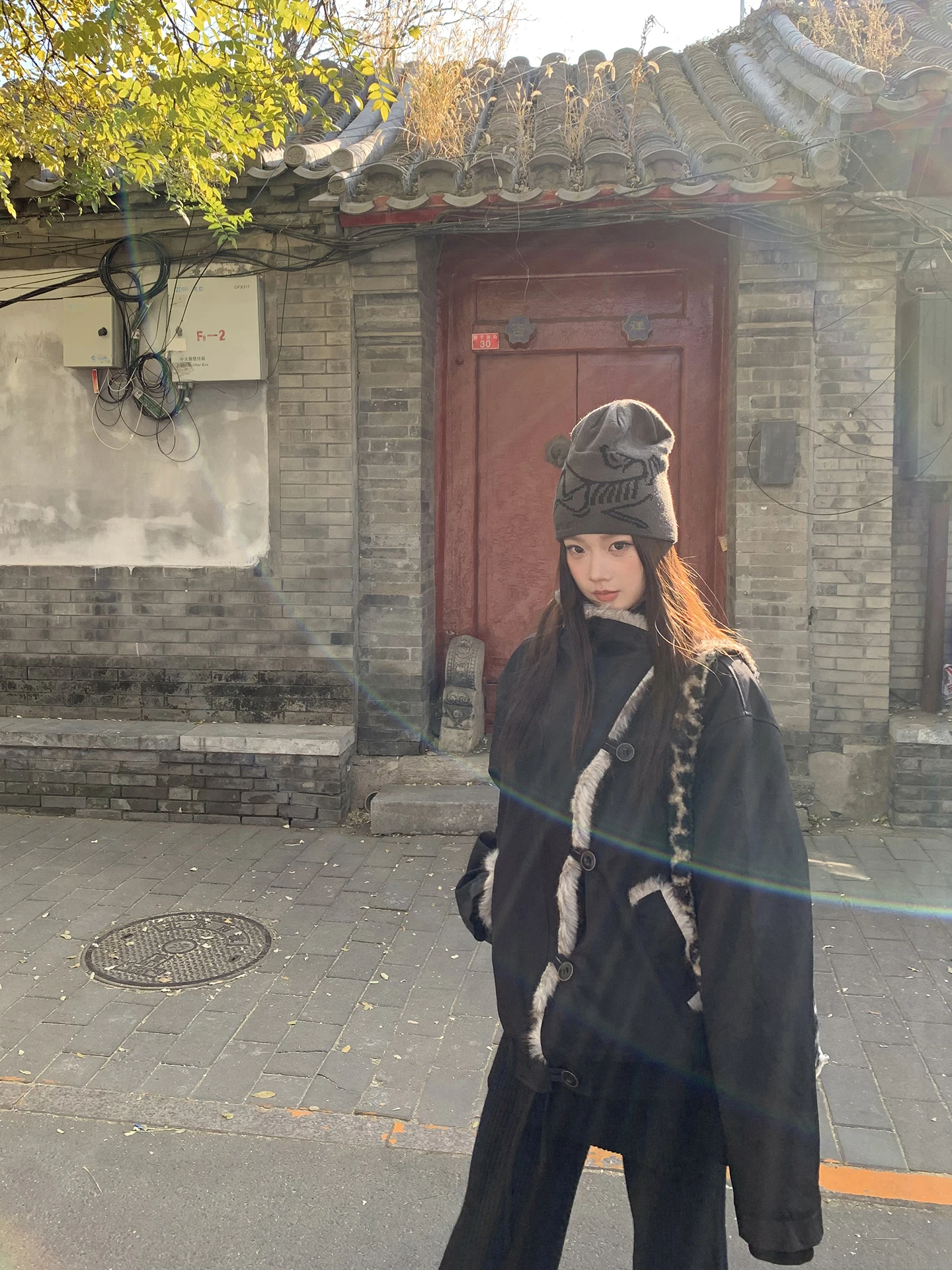 

Red Celebri Studio Women's Winter Jaet 2025 New Korean Sle Bla Cotton Coat Fur Collar Polyester Fiber Long Sve