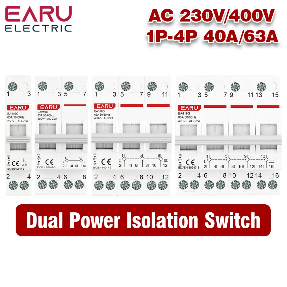 1P 2P 3P 4P 40A 63A MTS Dual Power Manual Transfer Interlock Circuit Breaker Din Rail Isolating Discounnecting Switch