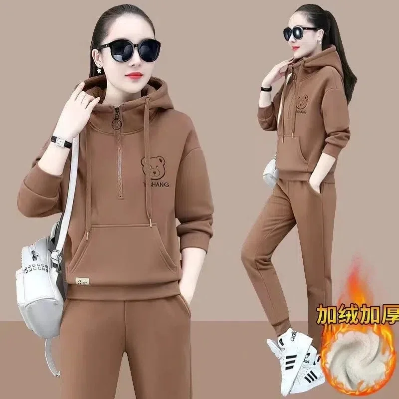 Korean Hooded Sweatshirt Pantsuit Autumn Winter Plus Velvet Thick Casual Tracksuit Women Outfits Jogging Sportswear 2 Piece Set