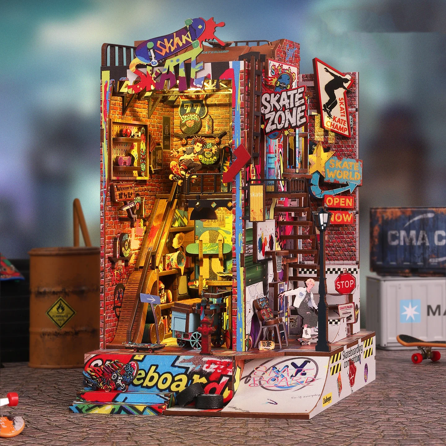 DIY Wooden Skateboarding Competition Book Nook Shelf Insert Kit Miniature Model Kits Bookshelf Bookend for Friends Birthday Gift