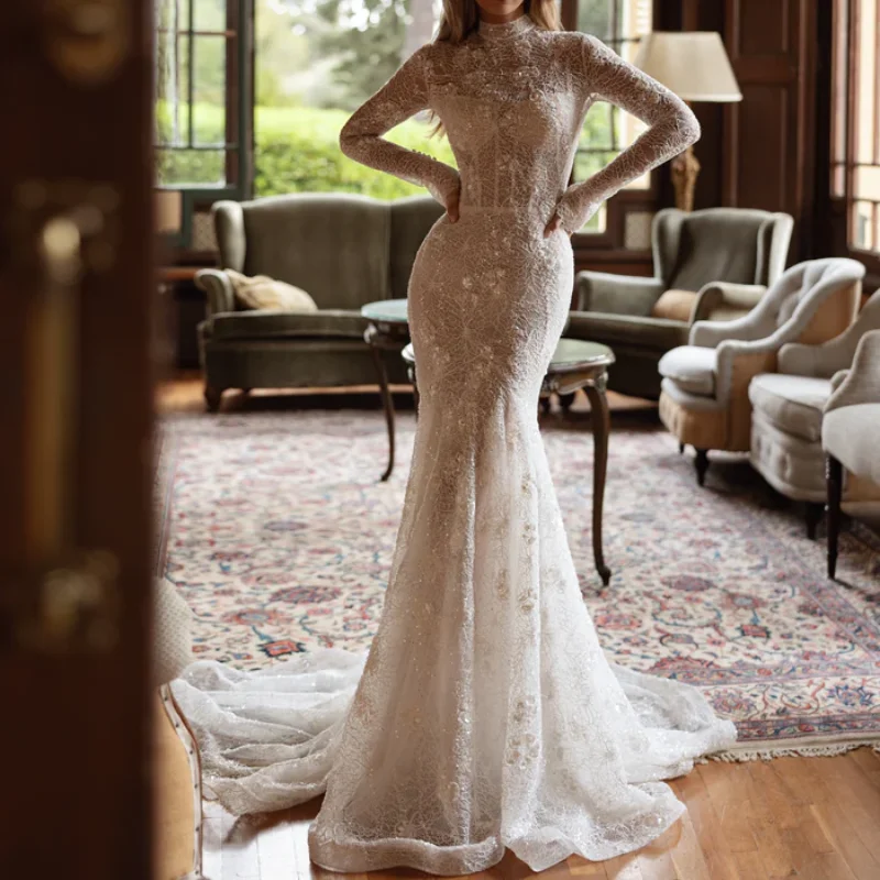 

2026 Classcial High Neck Mermaid Lace Wedding Dress Vintage Long Sleeve Pearl Corset Bridal Gowns Customized 웨딩드레스