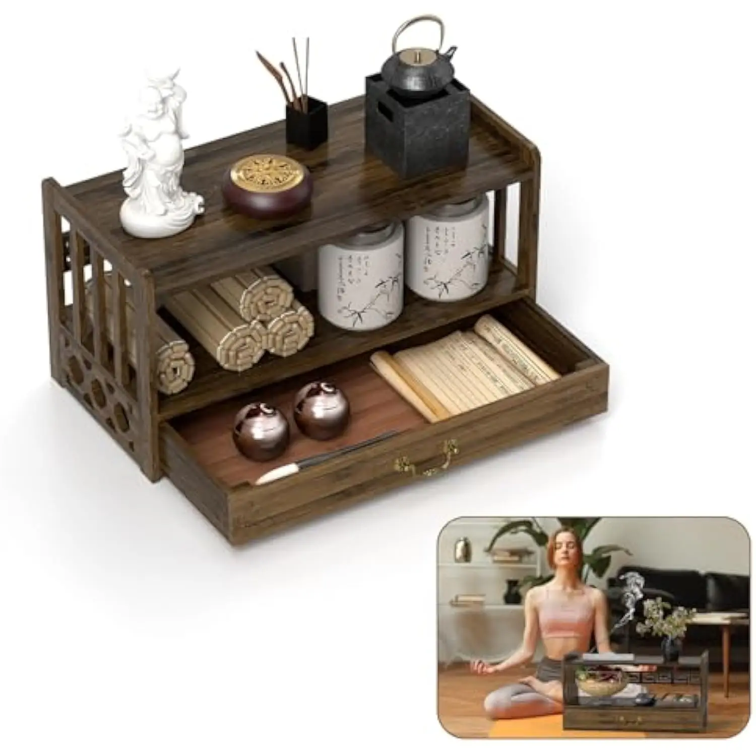 

Ikare Meditation Altar with Drawer, Puja Table for Home, Spiritual Altar for Prayers, Divination, Worship or Bamboo Furniture F