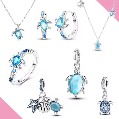 Charm 925 Silver Earring Ring Necklace Sea Turtle Fit Original Bracelet Diy Woman Jewelry Set