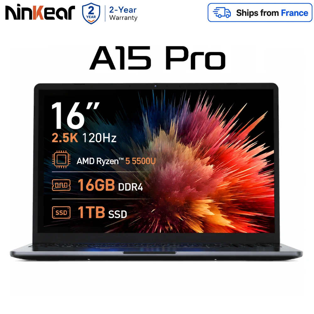 Ninkear A15 Pro 16 pouces Laptop 2.5K 120Hz Écran Ryzen 5 5500U 16Go 1To IPS Métal Windows 11 WiFi6 Travail Bureau Étude Gaming