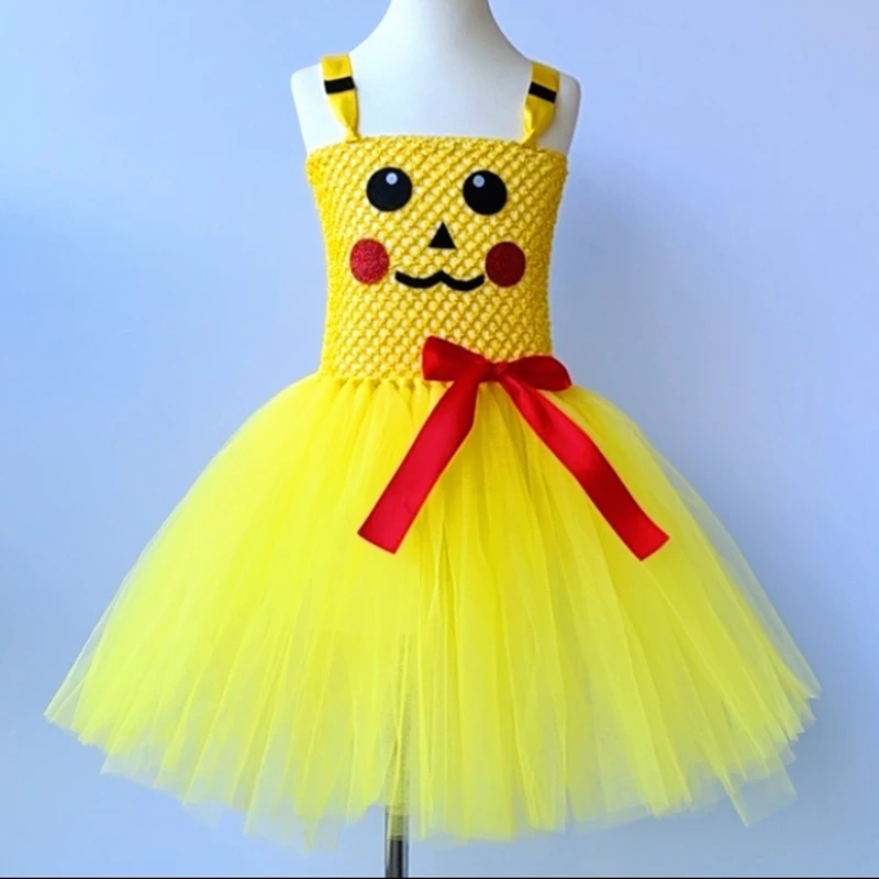 Yellow Cartoon Animals Picachu Cosplay Costumes for Baby Girls Birthday Party Halloween Tutu Dresses Kids Cosplay Outfits