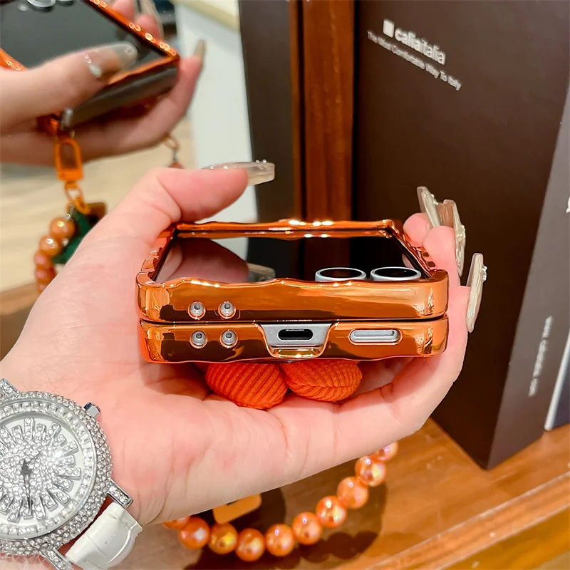 موضة البرتقال تصفيح التجاعيد ثلاثية الأبعاد زهرة قضية الهاتف لسامسونج غالاكسي Z فليب 7 6 5 4 3 ZFlip6 ZFlip7 غطاء مع سلسلة لطيف #3