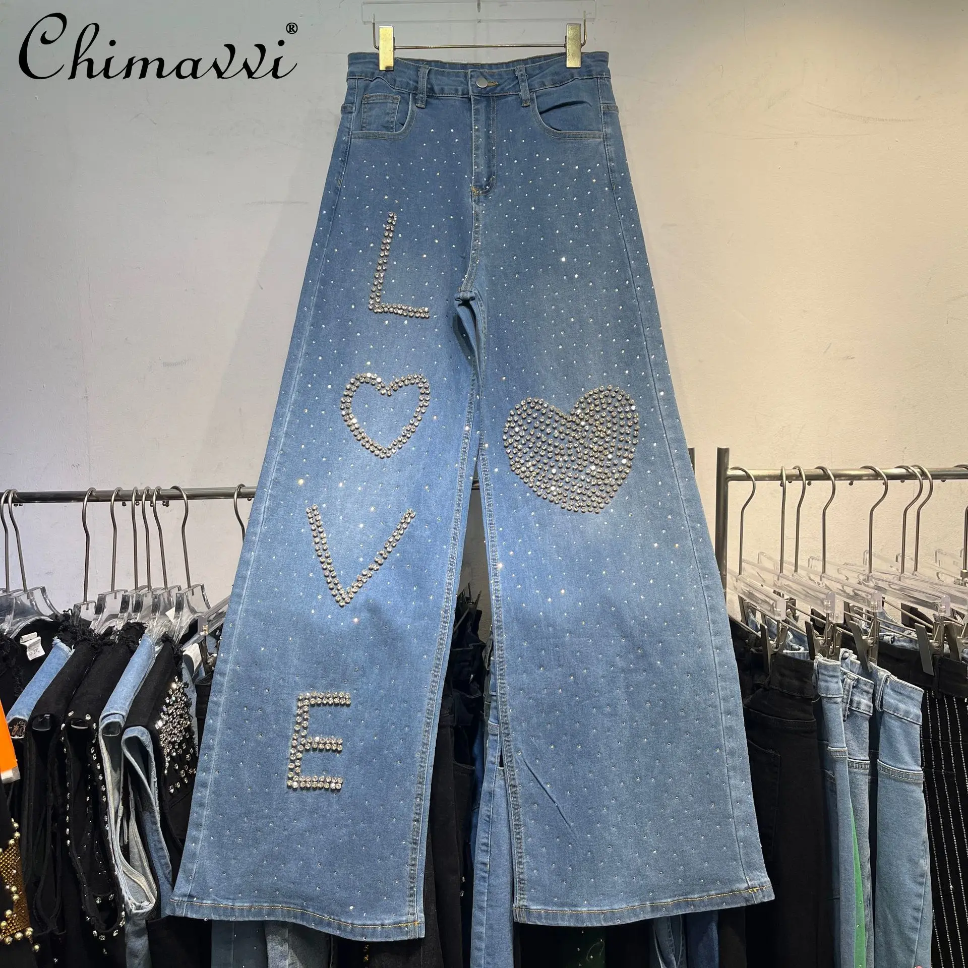

Heavy Full Diamond Love Letter Hot Diamond Wide Leg Jeans Women's 2025 Autumn New Fashion High Waist Straight Skinny Pants