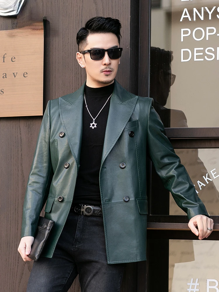 Spring New Genuine Leather Men\'s Suit Jacket Dark Green High Quality Sheepskin Thin Blazer Men Real Leather Business Casual Coat